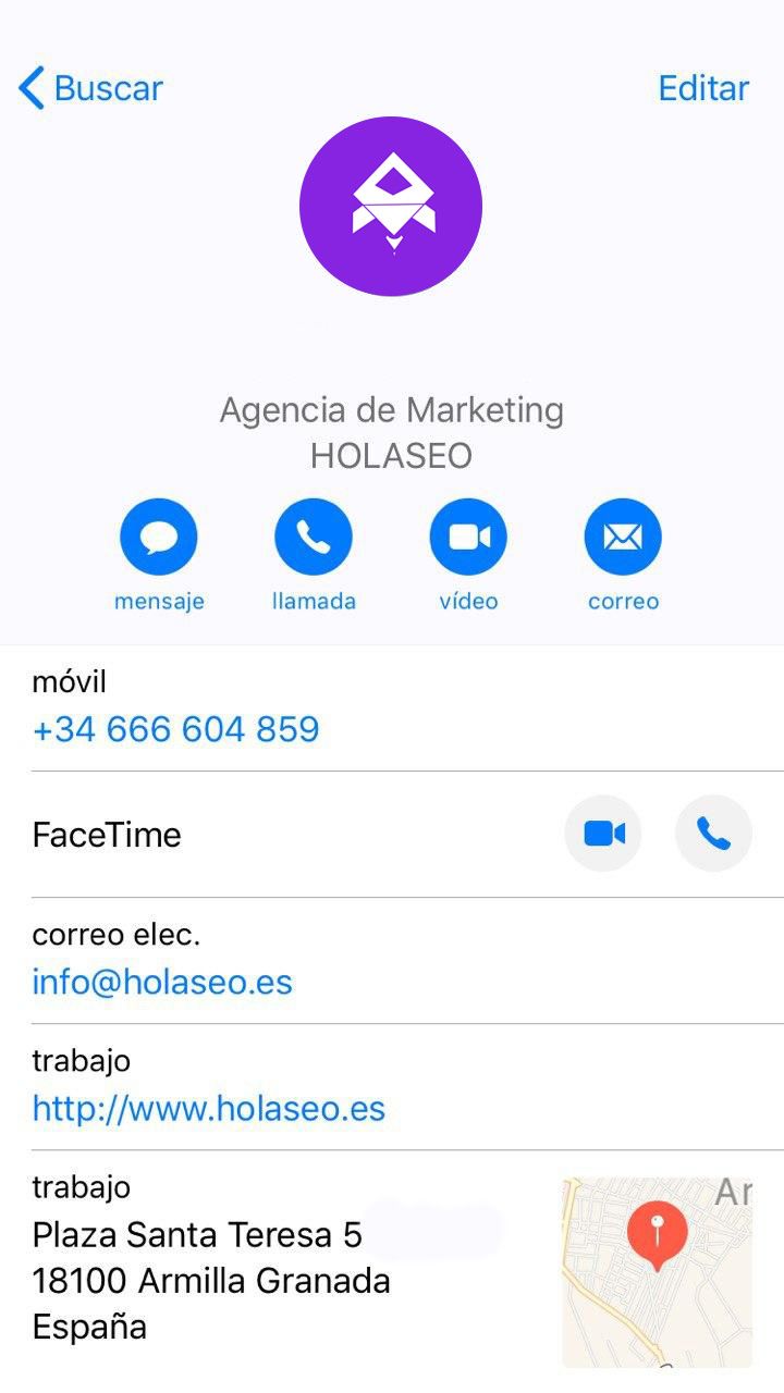contacto en tarjeta de visita virtual